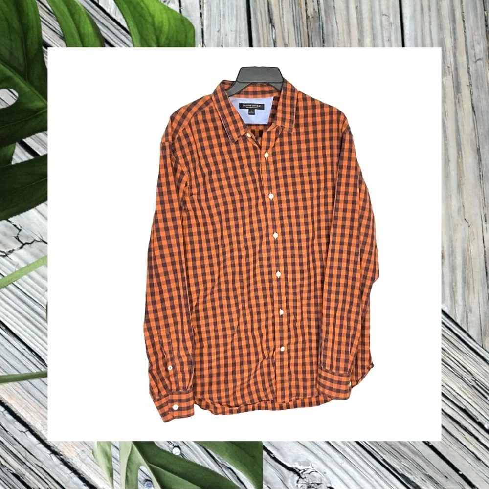 Banana Republic Orange & Navy Checked Long-Sleeved Button Shirt Men Size Large